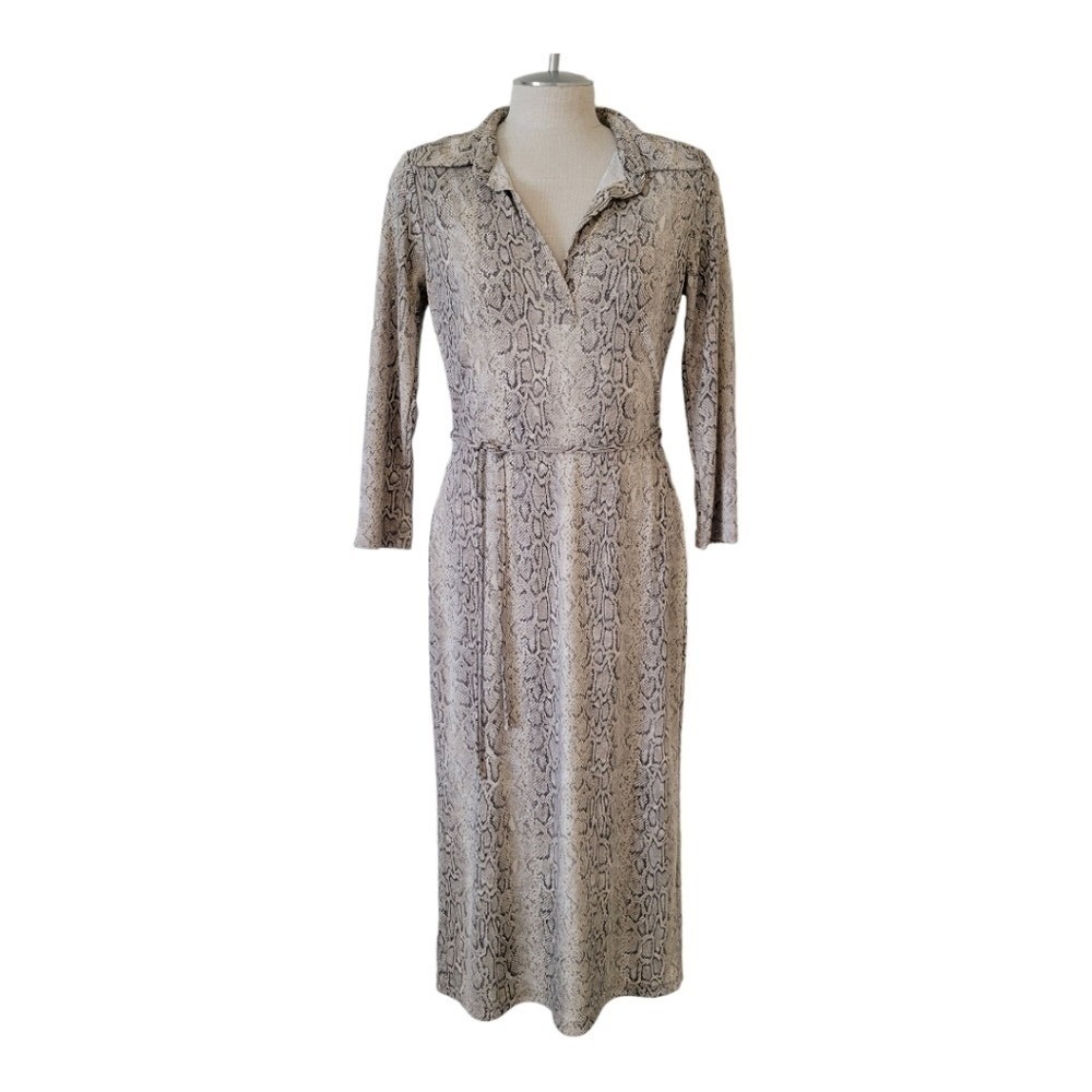 Warehouse Women Snakeskin Stretch Midi Sheath Dress 10 Collared Minimalist - Picture 2 of 11